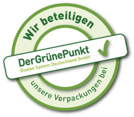 Mit diesem Logo zeigen wir, dass wir Kunde bei Der Grüne Punkt – Duales System Deutschland GmbH sind. Somit sind unsere Verkaufsverpackungen für Deutschland am dualen System beteiligt.