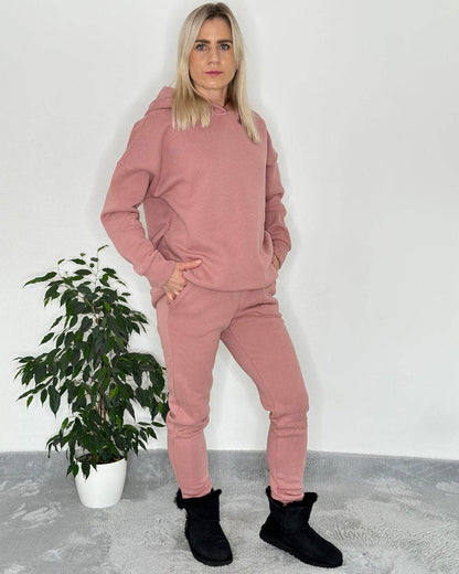 Damen Langarm Oversized Kapuzenpullover gefüttert mit Taschen an der Seite und breiten Bündchen Ärmel in Einheitsgröße von XS bis M Rosa Seite mit Damen Jogginghosen Rosa 