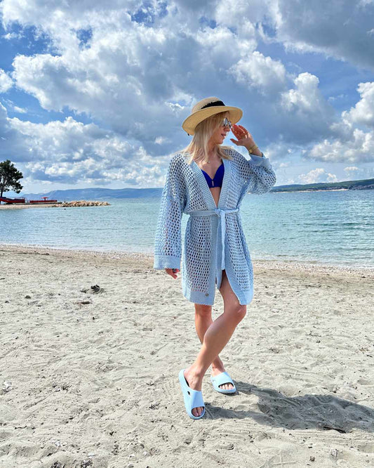 Damen Langarm Cardigan, Einheitsgröße XS bis XL, Wickel Kleid mit Taillenbund, perfektes Strandkleid Knielänge mit Loch und Schleife Blau Sommer Kleid Strandkleid, Damen Kimono lang Strand Sommerschutzanzug Strand Meer Sommer