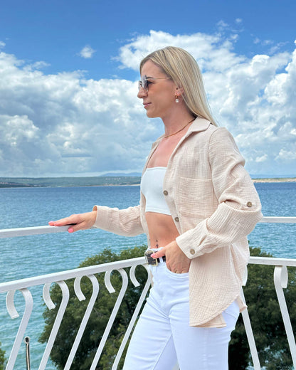 Damen Musselin Hemd 100 % Baumwollhemd Damenhemd in Creme leicht Locker und elegant Sommerhemd für Damen aus Musselin in Oversized-schnitt Urlaub Sommeroutfit