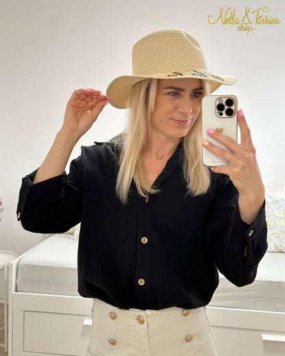Damen Musselin Hemd 100 % Baumwollhemd Schwarz  in Oversized-schnitt Sommerhemdv Damen Musselin Hemd 100 % Baumwollhemd aus 100 % Baumwolle, leicht und luftig sehr weiches Material.  Hemd mit Knöpfen und Brusttasche, Langarm mit Möglichkeit auf 3/4-Ärmeln und klassischem Umlegekragen  in Oversized-schnitt dazu bequem und mit Stil. Frauenhemd mit V-Ausschnitt betont die Weiblichkeit.