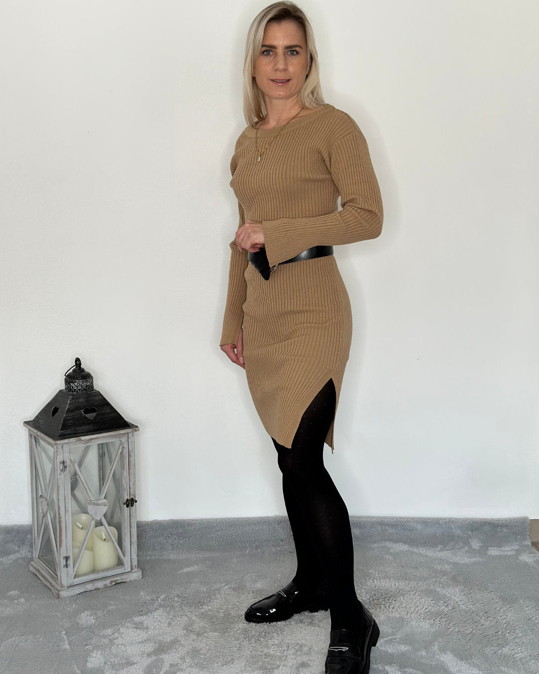 Damen gerippte Pullover Kleid Rundhalls Camel Farbe Seite