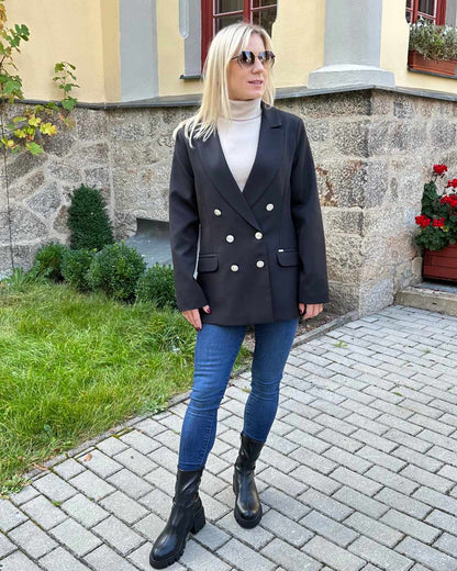 Doppelreihiger Taillierter Damen-Blazer lang mit Puffärmeln regular vorne 