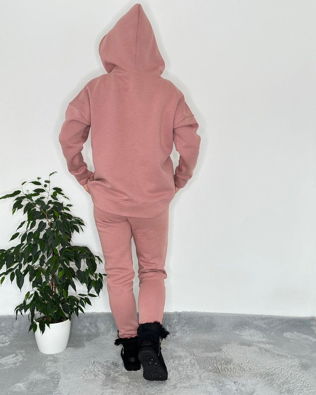 Herbst Winter Outfit Set für Damen Jogginghose Trainingshose aus Baumwolle Rosa XS - S mit Oversized Kapuzenpullover mit Seitentaschen Einheitsgröße XS -M 