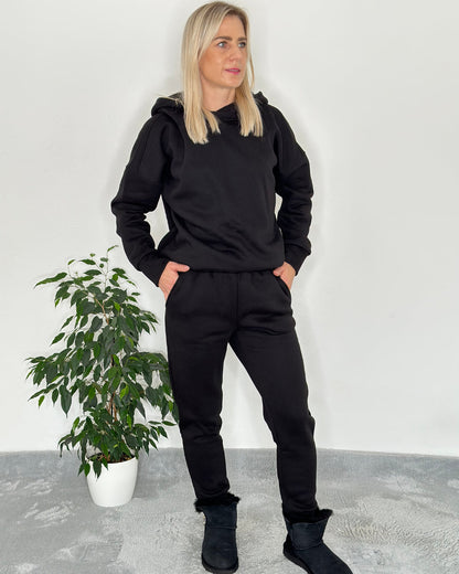 Herbst Winter Outfit Set für Damen Jogginghose Trainingshose aus Baumwolle Schwarz XS - S mit Oversized Kapuzenpullover mit Seitentaschen Einheitsgröße XS -M 