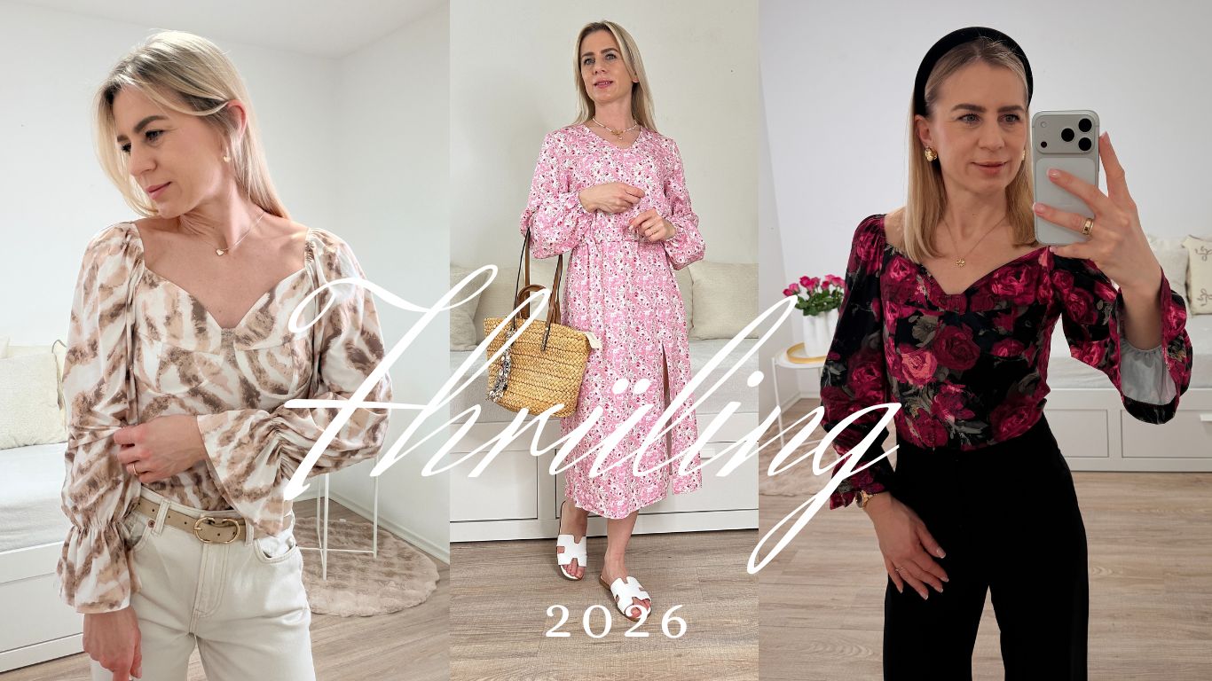 Nella-Fashion-Shop 2026 Damenmode Shop Hauptbild Modell 160 cm Groß hat ein Spanische-Damenbluse in Beige und Rot in der mitte ein Midi-Kleid