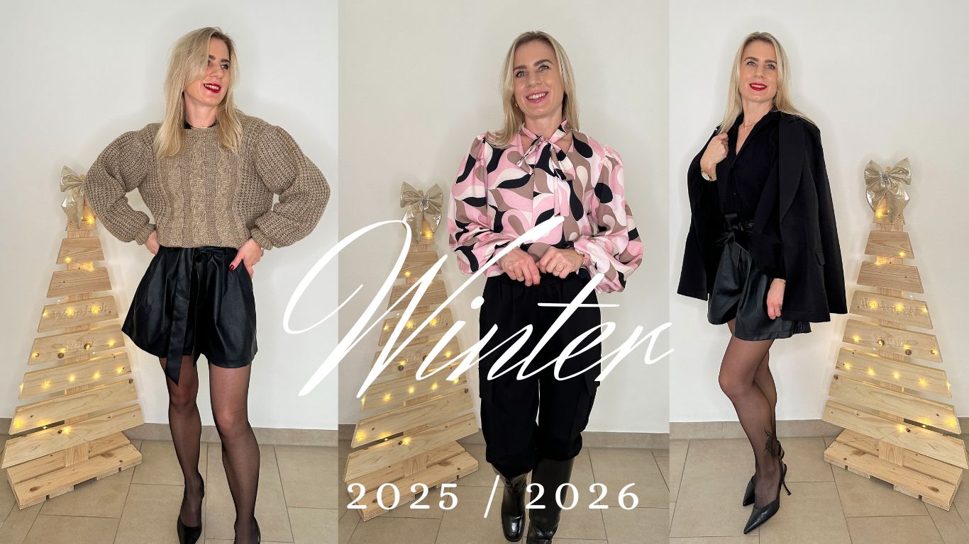Foto präsentiert Hintergrund für Nella Fashion Shop Winter-Kollektion 2025/2026. Model ist 160 cm und trägt unsere Damen Kunstledershorts mit Hemd, Pullover oder Blazer
