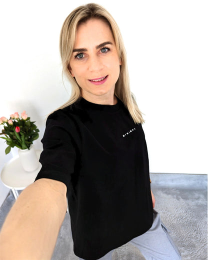 minimalistisches tshirt für damen halbarm Minimal T-Shirt Baumwolle Minimum Rundhals Oberteil Farbe Schwarz seite