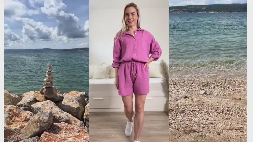 Video laden: Model präsentiert auf dem Video die TikTok Outfit Set - mit Damen Musselin Set Rosa, Nella Wickelkleid und Damen Kleid in Blumenmuster von Nella and Fashion Shop